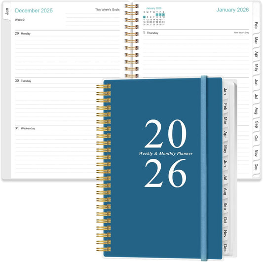 2026 Planner - A5 Weekly & Monthly Planners Spiral Bound, January 2026 - December 2026, 2026 Planner with Flexible Cover, Tabs, Inner Pocket, 6.4" x 8.5", Dark Blue