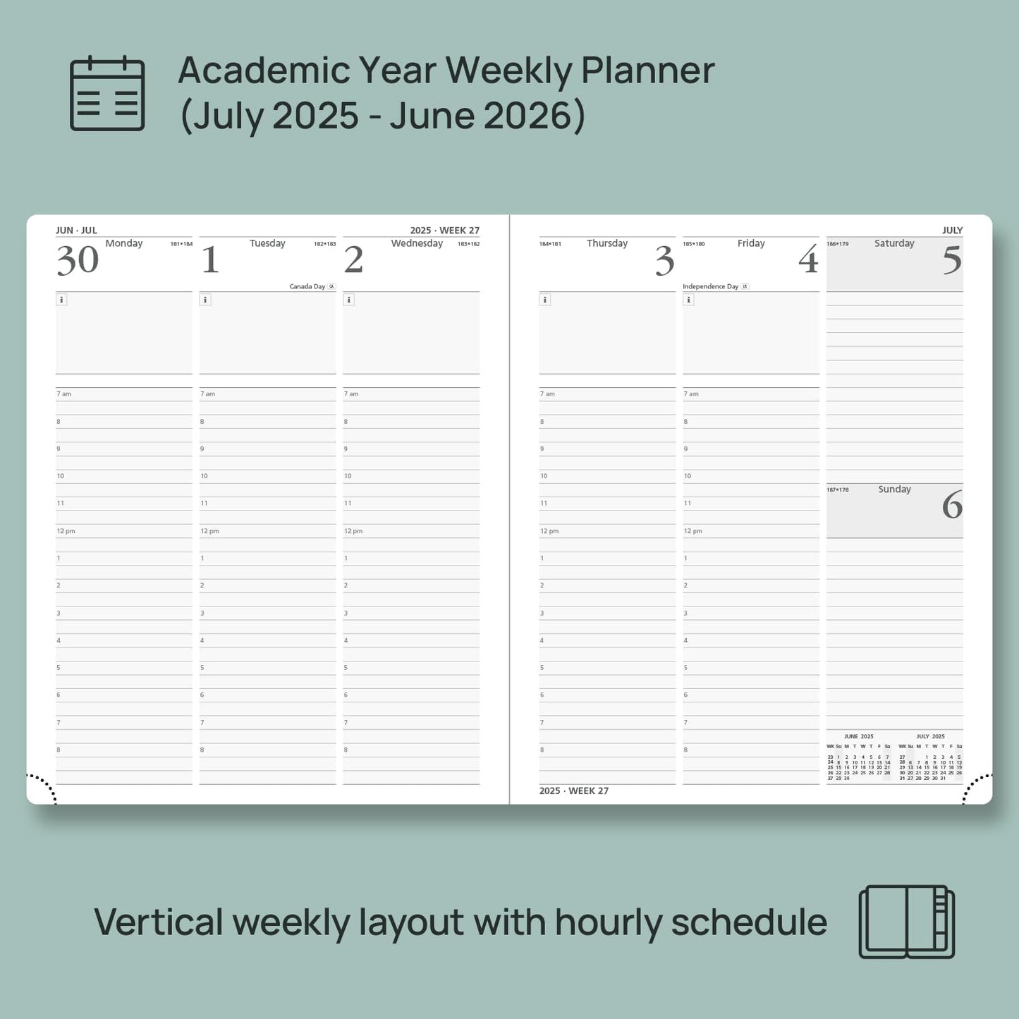 POPRUN Planner 2025-2026, (Large 8.5'' x 10.5'' Hard Cover) Academic Calendar (July 25-June 26) Daily Weekly and Monthly Appointment Book with Hourly Time Slots, Monthly Tabs, 100 GSM - Pacific Green