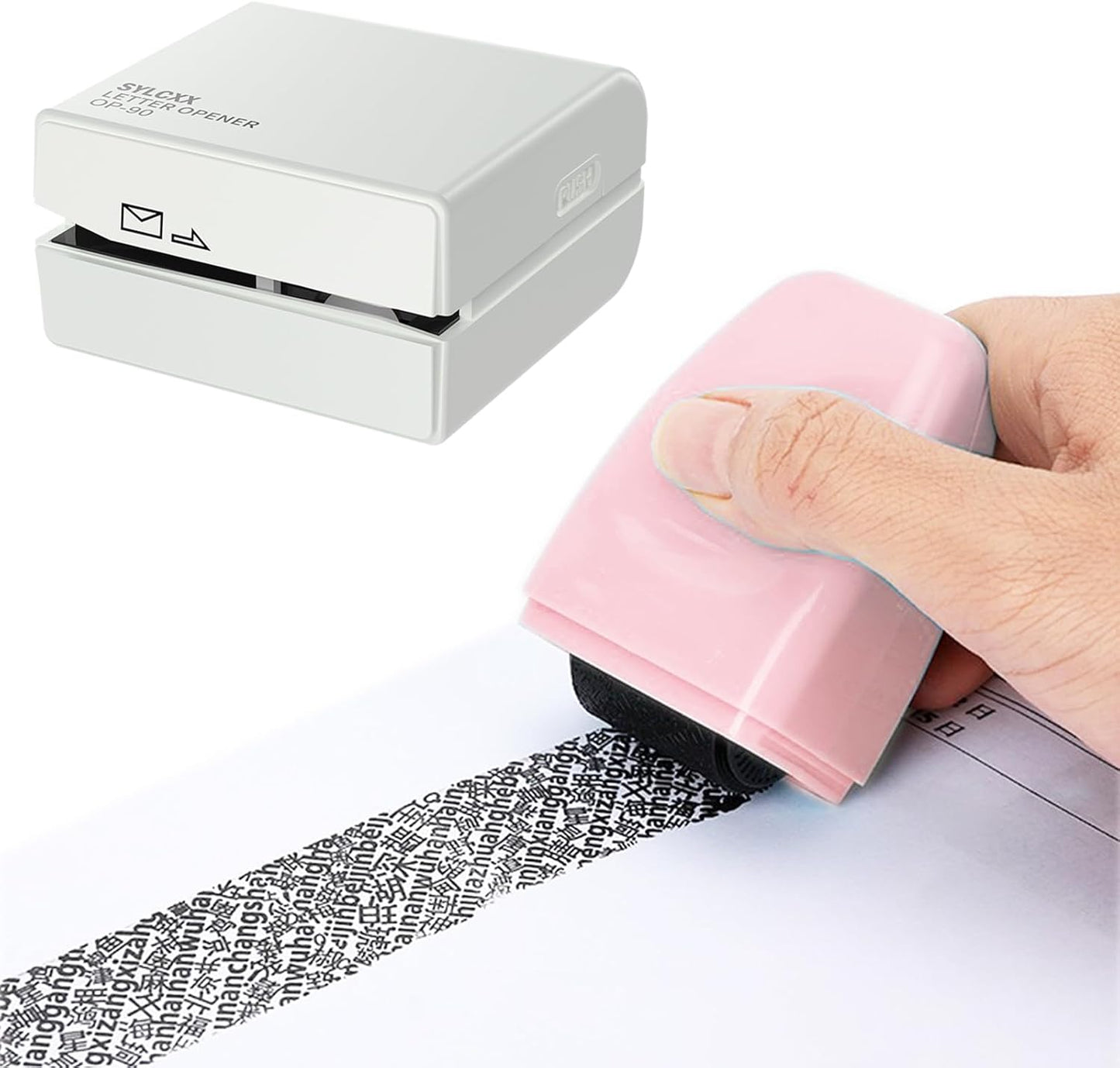 Electric Letter Opener and Confidential Roller Stamp Combo, Portable Office School Stationery for Cutting Envelope,ID Blockout, Womens Mens Moms Dads Gifts for Birthday Anniversary (White+Pink)