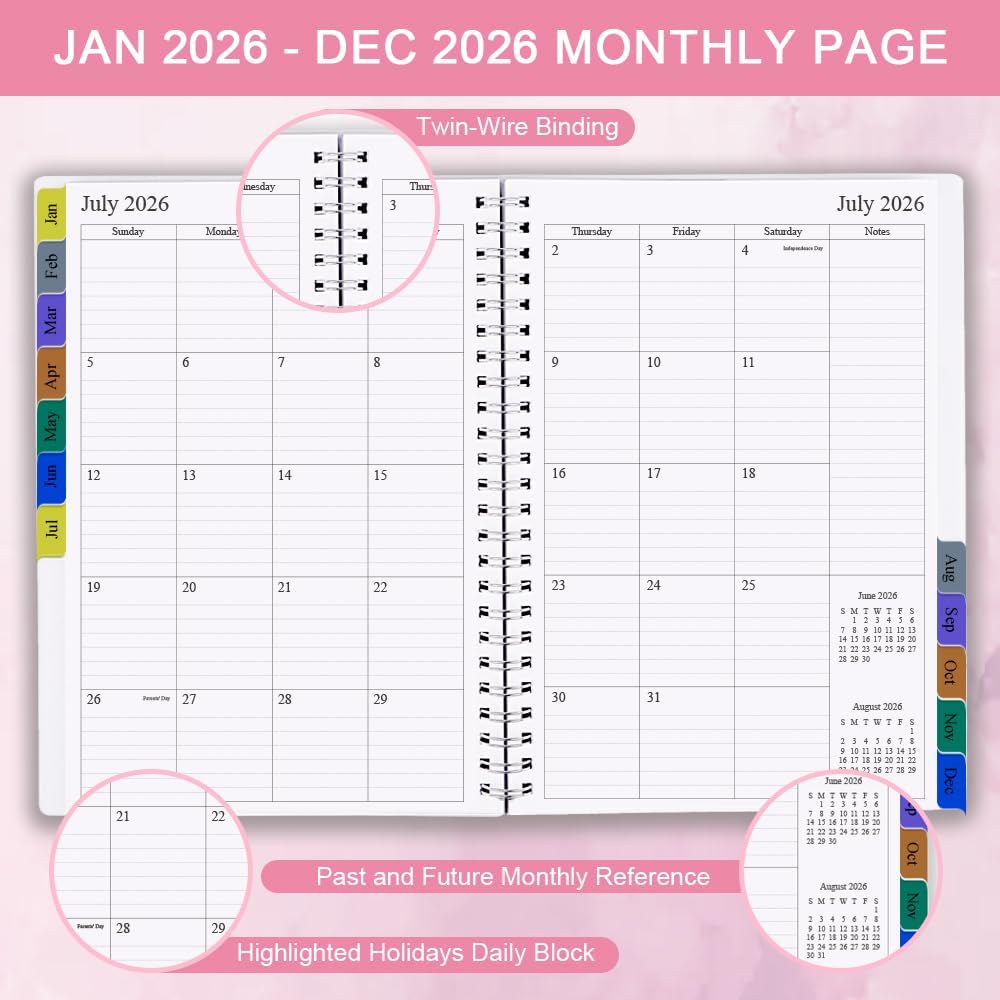 2026 Planner - Weekly & Monthly Planner Runs January 2026 to December 2026, 6.25" x 8.25", 12 Monthly Tabs, 14 Notes Pages, Inner Pocket, Flexible Cover with Twin-Wire Binding, Planners 2026
