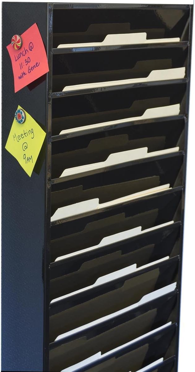 File Folder Wall Rack, 20 Pockets, Tiered, Office and Medical Charts (Black, Powder Coated Steel)
