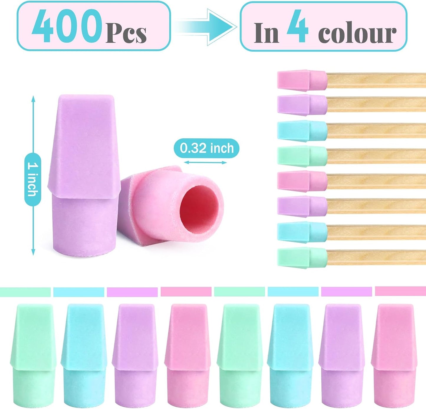 PRALB 400PCS Pencil Top Eraser Bulk Caps for Pencils,Chisel Shape Erasers Toppers for Party Favors Games Prizes, Pencil Top Erasers Cap for Home School Classroom Office Cool Color Series