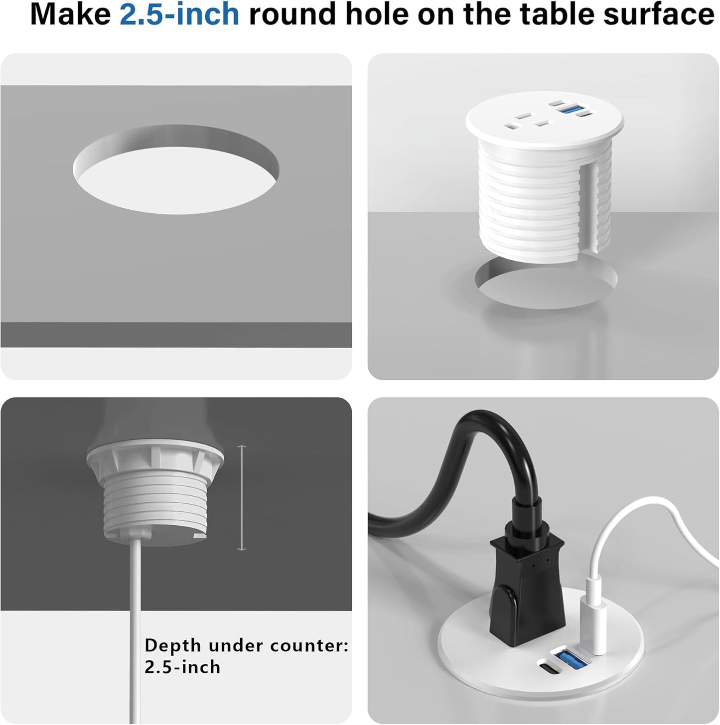 2.5 inch Power Grommet,20W USB-C Charging,1 Outlet with 2 USB C,1 USB Port,Furniture Flush Mount for Desktop,Recessed Power Strip,Workspace Essential Desk Outlet,2PCS (White, 2 PCS-6FT Cord)