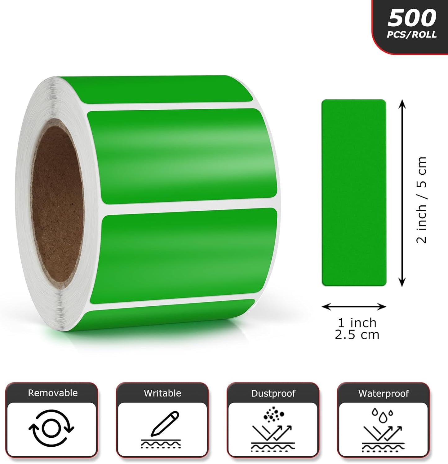 Green Rectangle Stickers 2 x 1 Inch Color Coding Labels Vinyl Roll Self-Adhesive Waterproof Removable 500 PCS