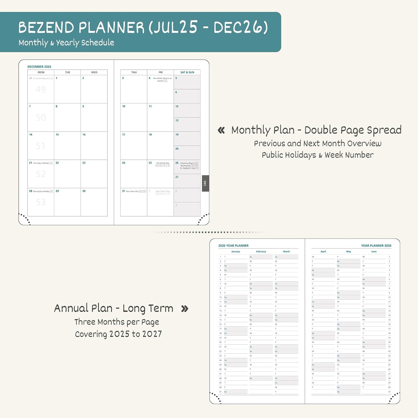BEZEND Pocket Planner 2025-2026 Weekly and Monthly, 3.5" x 6" Academic Planner (Jul 25-Dec 26) 18-Month Mid-Year Calendar Book, Storage Pocket, Pen Holder, PU Leather Hardcover - Kiwi
