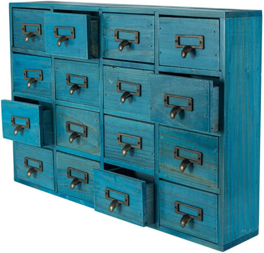 16 Drawers Apothecary Cabinet with Drawers Tabletop Apothecary Chests and Cabinets Library Card Catalog Cabinet Herb Storage Box Wooden Desk Drawer Organizer Medicine Vintage Furniture (BLUE)
