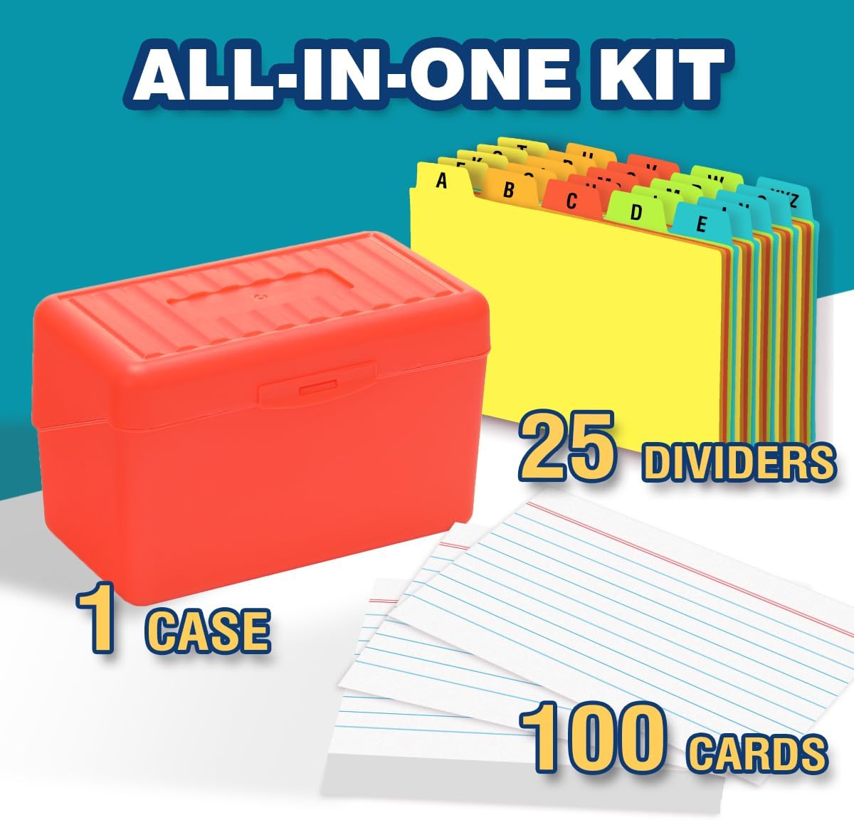 H4D 3x5 Index Card Holder with 100 Heavyweight Ruled Index Cards and 25 Plastic Dividers, Red