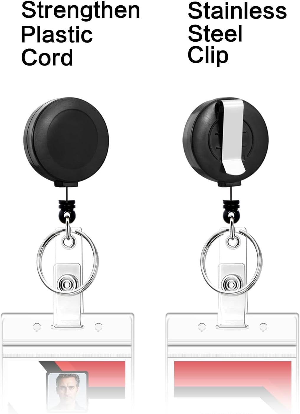 2 Pack Badge Reels Retractable with Key Rings, ID Badge Holder with 2 pcs Waterproof Extra Thick ID Card Holders, Belt Clip (Black)