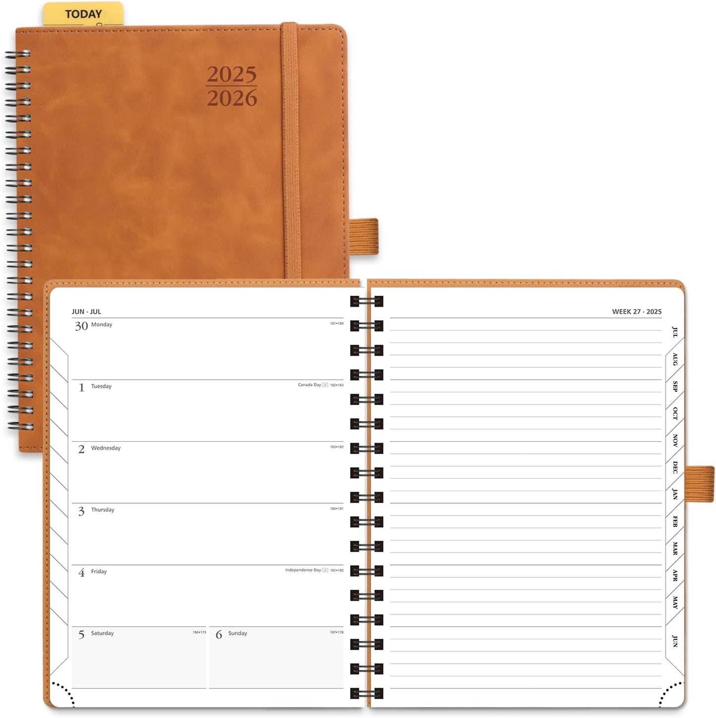 POPRUN Planner 2025-2026 Weekly Notebook (Medium 8.5''x 6.5''), Academic Calendar (JUL.25 - JUN.26) Appointment Book with Monthly Tabs, Spiral Soft Cover, Inner Pocket, 100 GSM - Brown