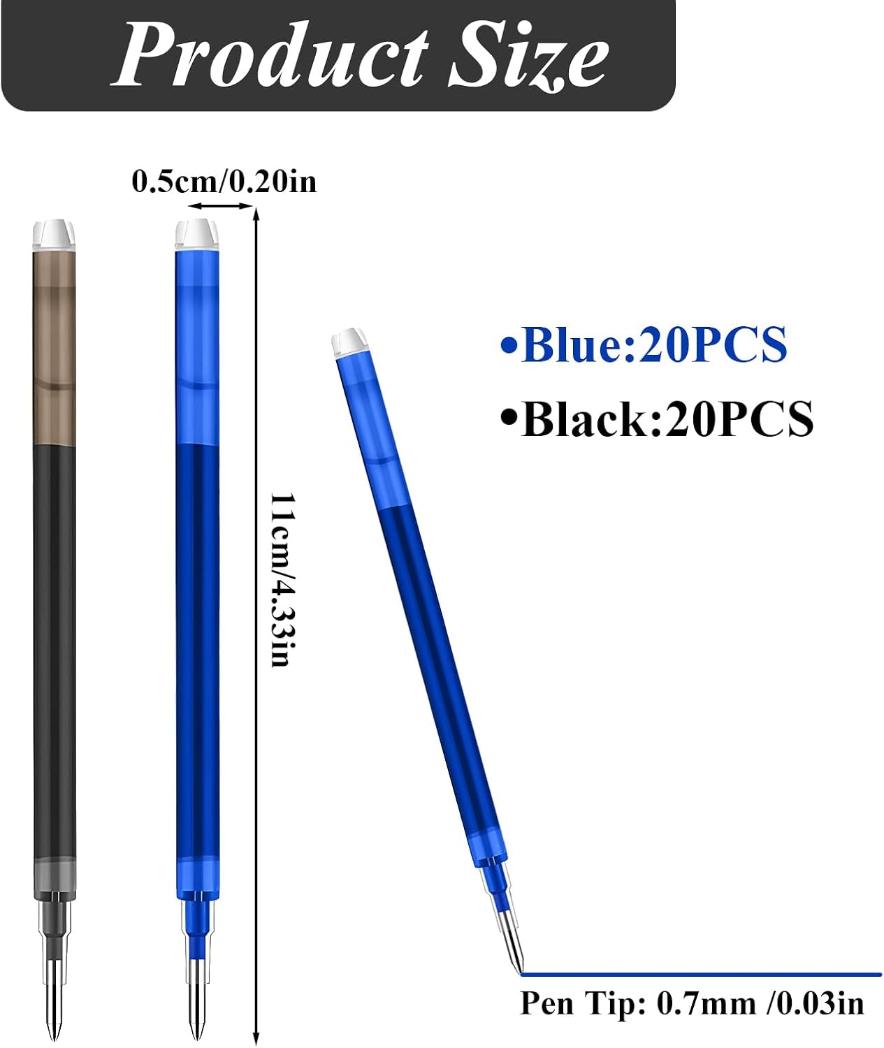 0.7 mm Erasable Gel Ink Pen Refills Compatible with Frixion Friction, Smooth Writing Multicolor Retractable Fine Point Pen Refill for School Office Home Art (Blue & Black, 40)