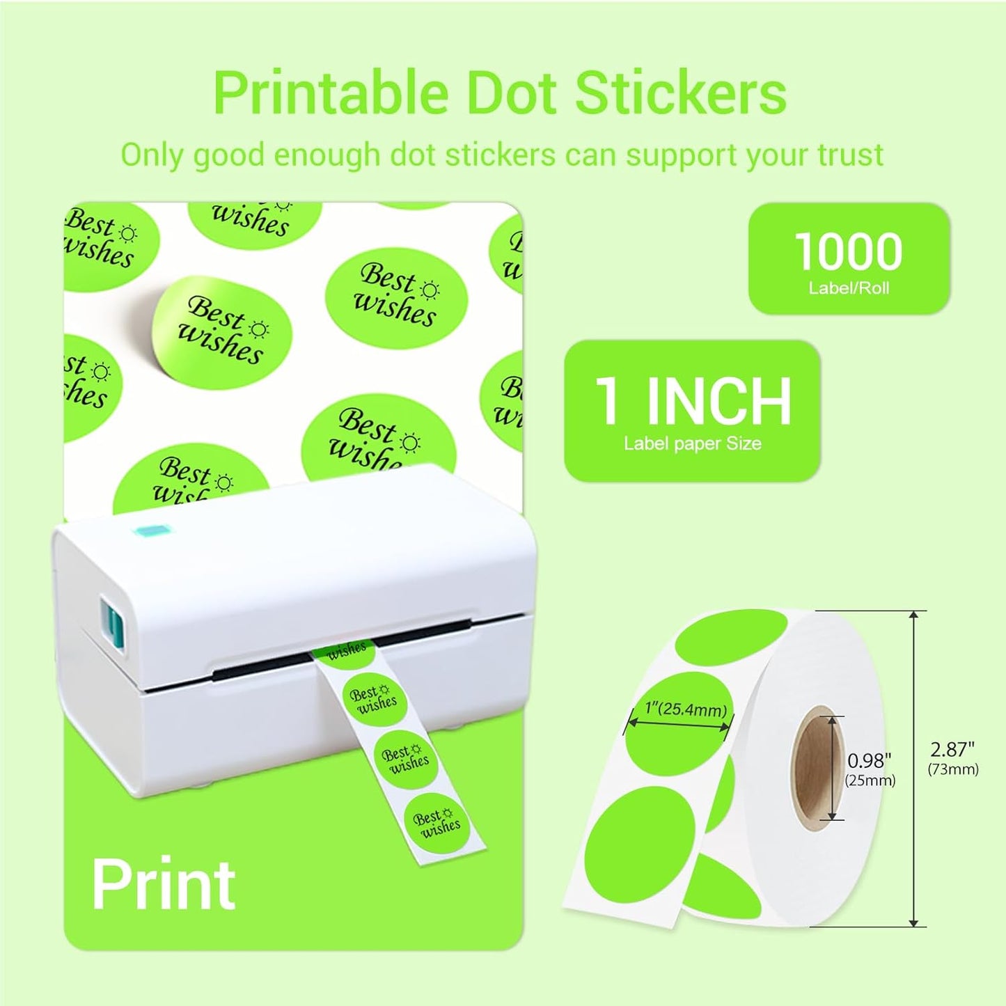 1 Inch Circle Dot Stickers 1000 PCS Color Coding Thermal Labels Dots Writable Printable Small Round Stickers for Office, Classroom, Inventory, Garage, Organizing Storage, DIY, Light Green