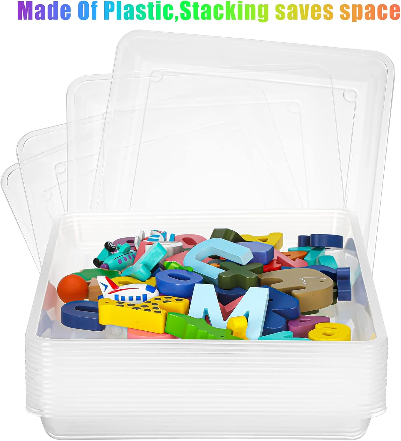 Maitys 15 Pcs Flat Plastic Trays 16.1 x 11.8'' Sensory Storage Tray Paper Stackable Classroom Bins for Office Home Organizer Arts and Crafts Supplies(Clear)