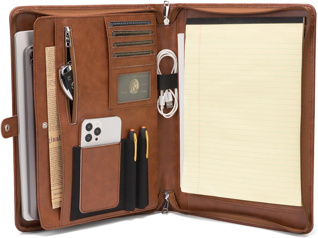Personalized Vegan Leather Portfolio, Legal Size 8.5 x 14 Pad Holder, Custom Business Padfolio for Men Women, Zippered Laptop Organizer, Professional Notepad Folio, Brown