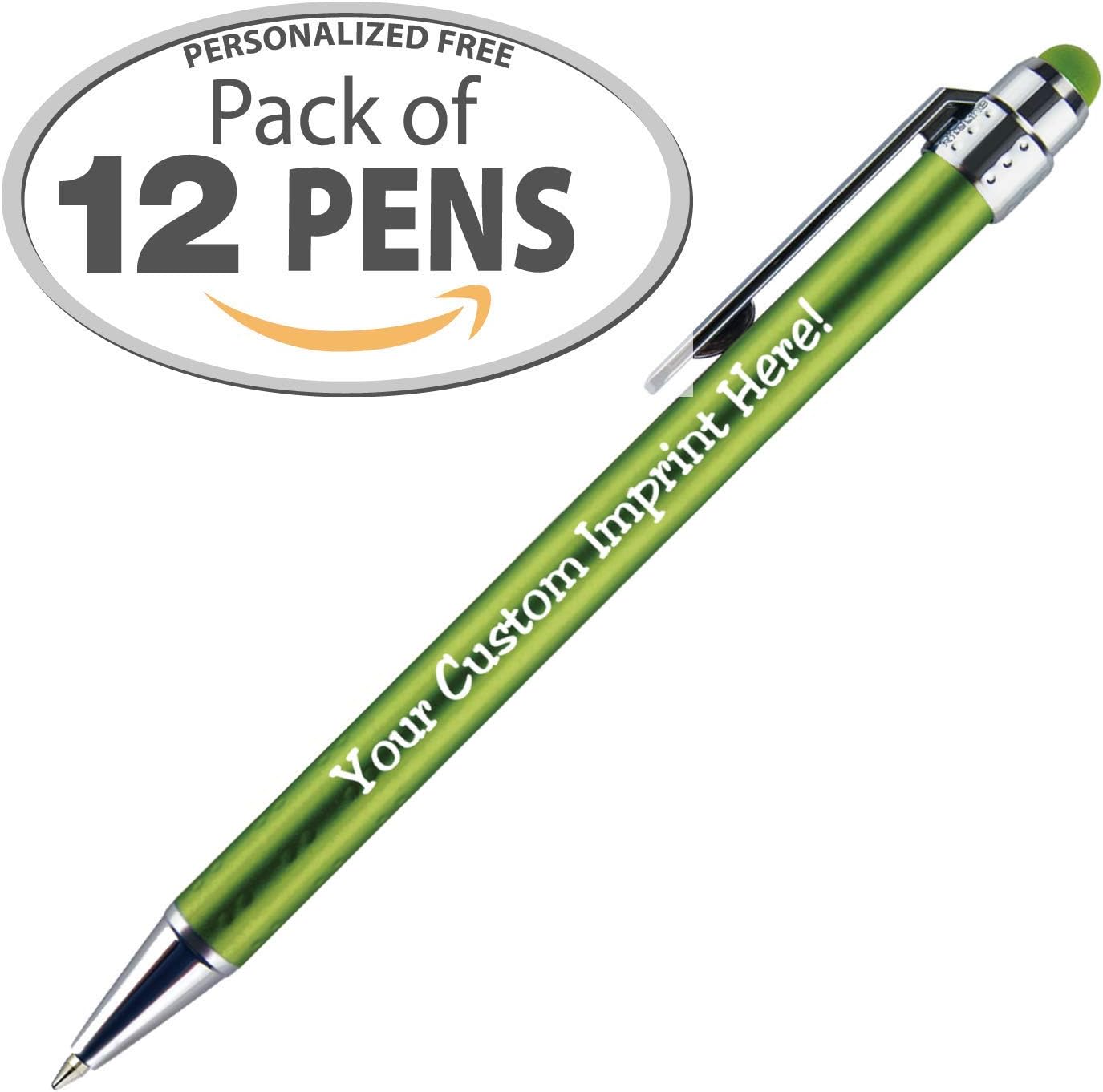 Personalized Pens with Stylus Tip -Bright Vibes- Click action - Custom - Black writing - Printed Name pens - Imprinted with Your Logo or Message - FREE PERSONALIZATION - 12 Pens/Box (Green)