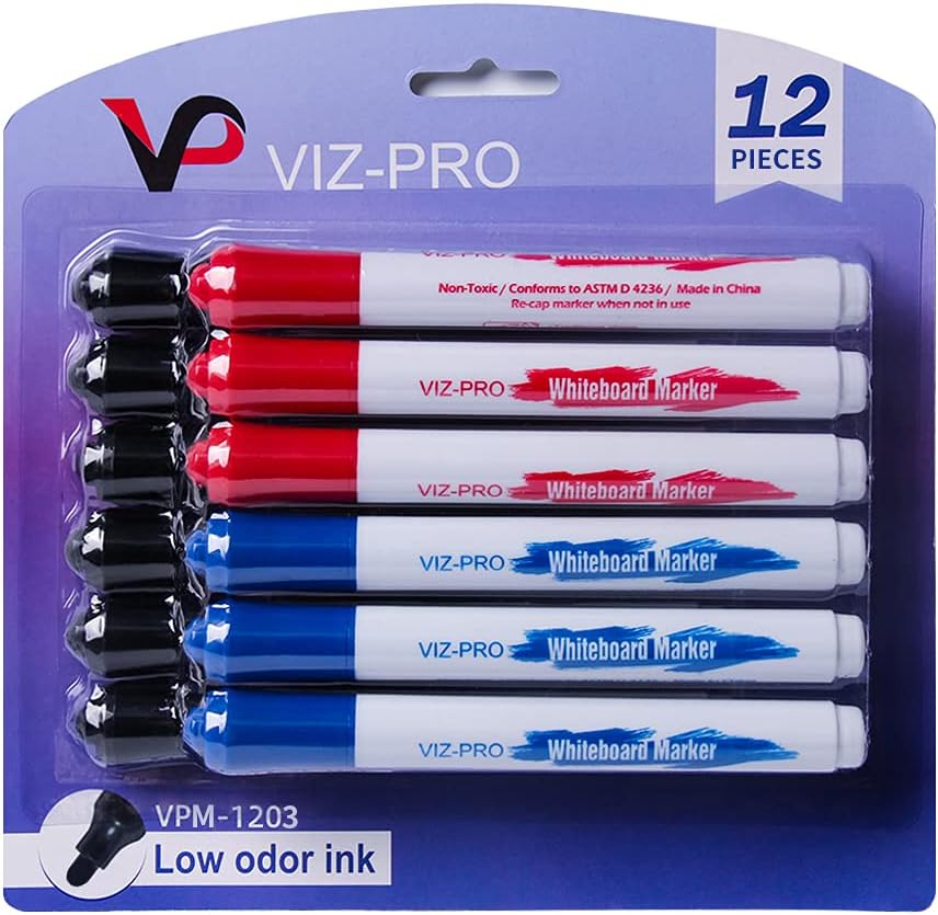 VIZ-PRO Dry Erase Markers, Fine Bullet Tip, 3 Assorted Colors, 12-Count Low-Odor Whiteboard Pens