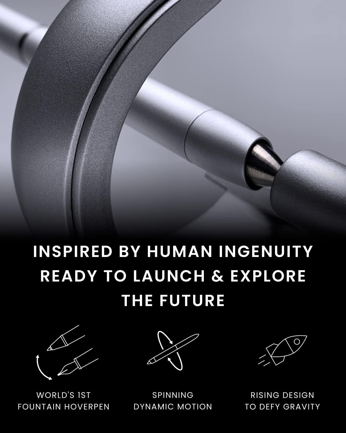 novium Hoverpen Future Edition - Luxury Metal Fountain Pen, Fine Nib, Aerospace Metal, Futuristic Desk Pen, Free Spinning Executive, Signing Pen (Frost Silver)