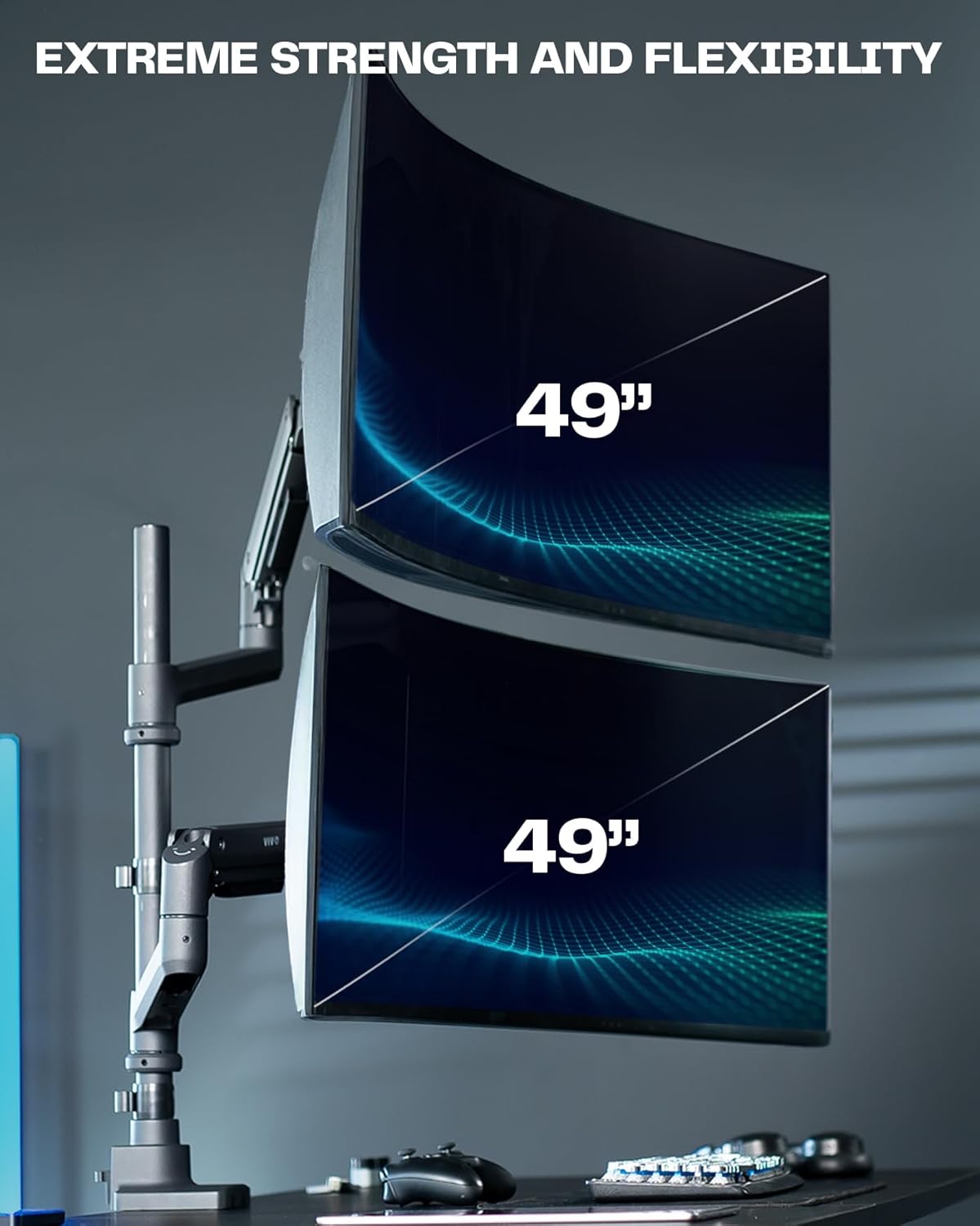 VIVO Pneumatic Arm Dual Ultrawide Monitor Extra Tall Desk Mount for Up to 49 inch Screens, Heavy Duty Clamp, Holds 2 Ultra Wides Up to 44 lbs, Black, STAND-V120K