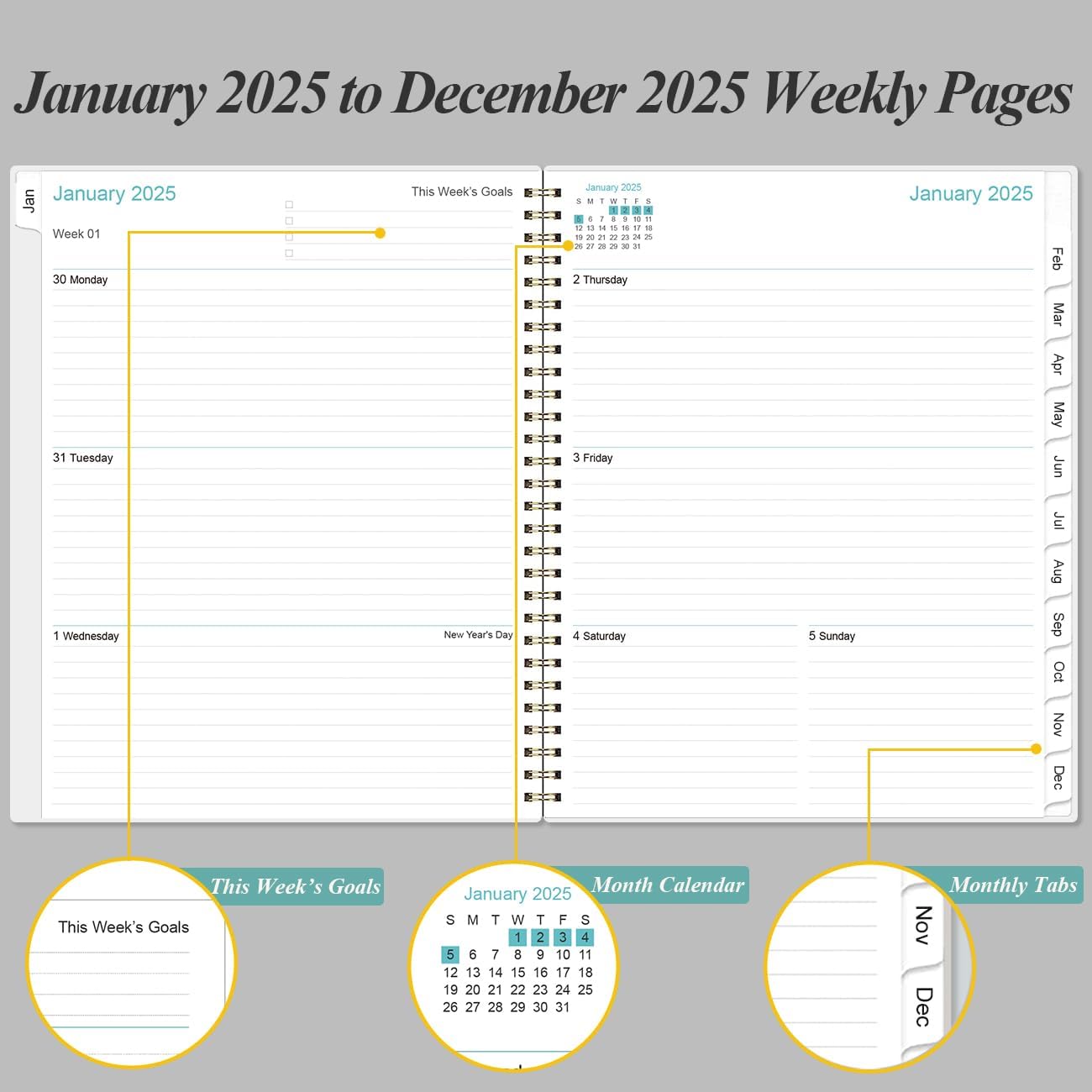 2025 Planner - Planner 2025 from January 2025 to December 2025 with 12 Monthly Tabs, Flexible Cover, Inner Pocket, 8.5" x 11", Leaf Black