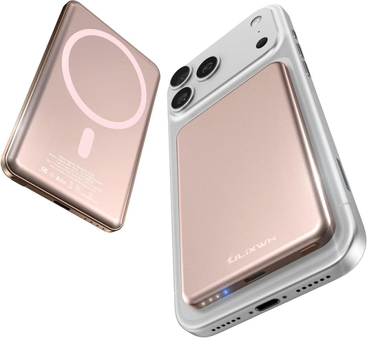 [0.3" Ultra Slim] [Alloy-Made] ULiXWH for Magsafe Portable Charger for iPhone, 2025 Upgrade 5000mAh Fast Charging Magnetic Power Bank, Wireless Battery Pack for iPhone 17 Air 16 15 Pro Max 14 13, Pink