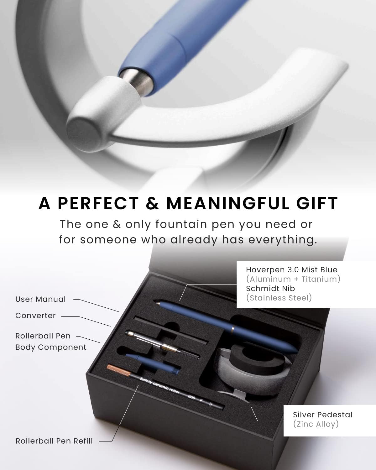 novium Hoverpen Future Edition - Luxury Fountain Pen & Rollerball Pen All-In Gift Box, Fine Nib, Futuristic Aesthetic, Aerospace Metal Made, Free Spinning Executive Pen, Mens Gifts Ideas (Mist Blue)