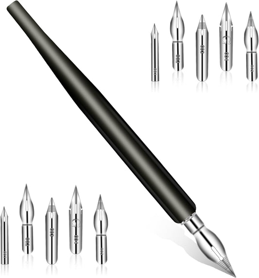 11PCS Comic Pen Nibs Set, Oblique Calligraphy Nibs for Dip Pens Drawing, Wooden Fluid Writer Pen Holder with 10 Pieces Stainless Steel Pen Replacement Nibs for Writing, Painting, Signing, Sketch