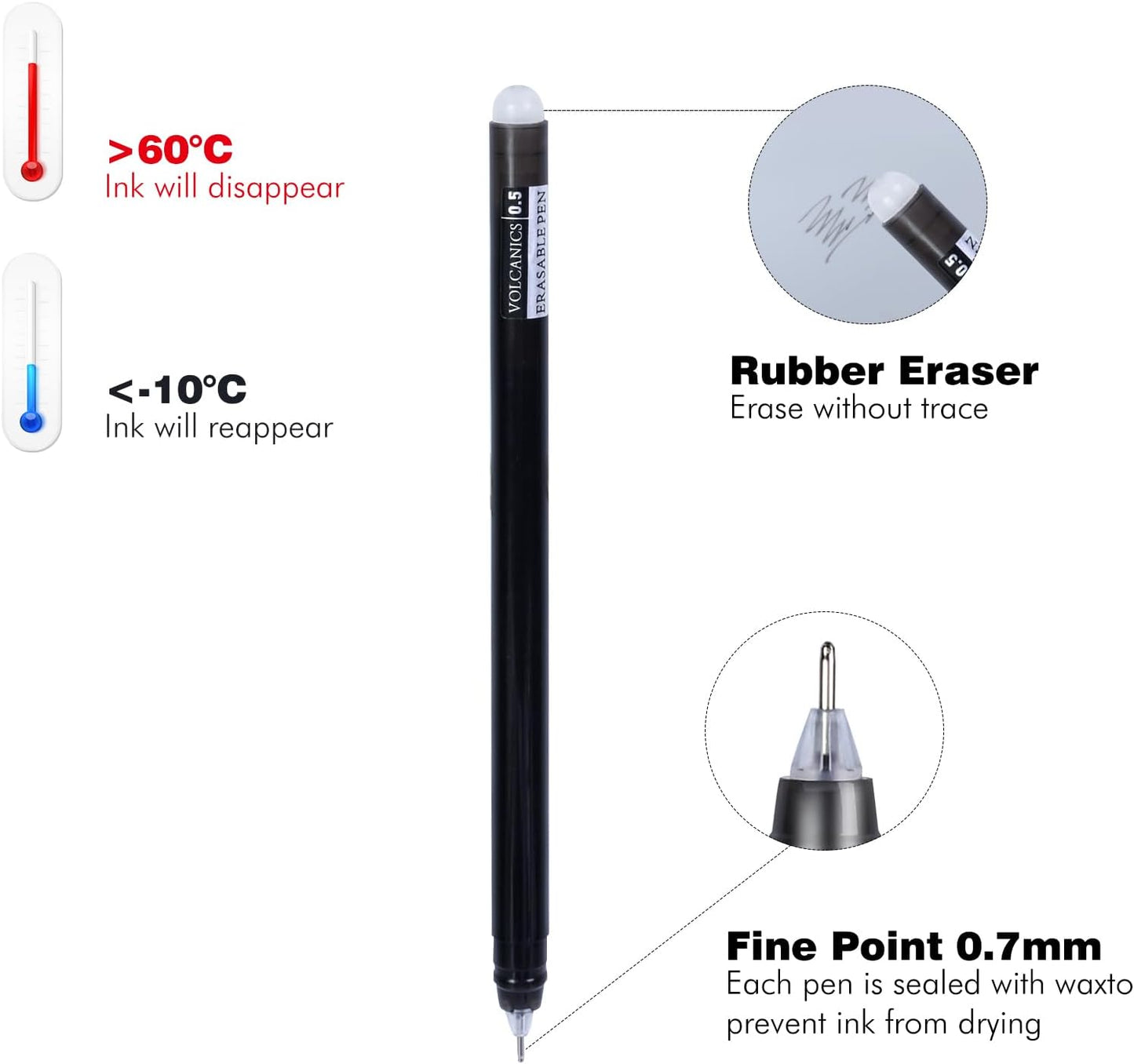 Volcanics Erasable-Gel-Pens Fine Point 0.5 mm, Mistakes Dispear, Black and Blue, 30 Pack Quick-Drying Ink, No Smudge Perfect for School, Office, and Home Use