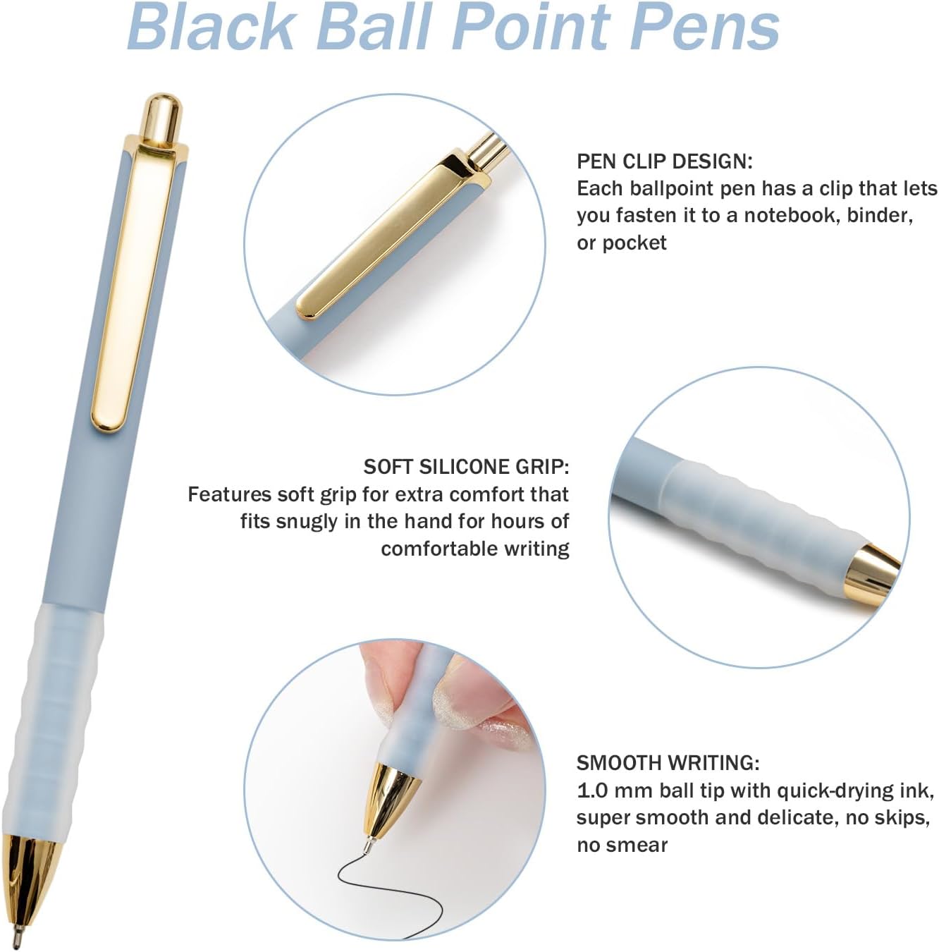 MiSiBao Black Ballpoint Pens 1.0mm Pens Retractable Ball Point Pens Smooth Writing (Plastic pen clip, 12-pack)