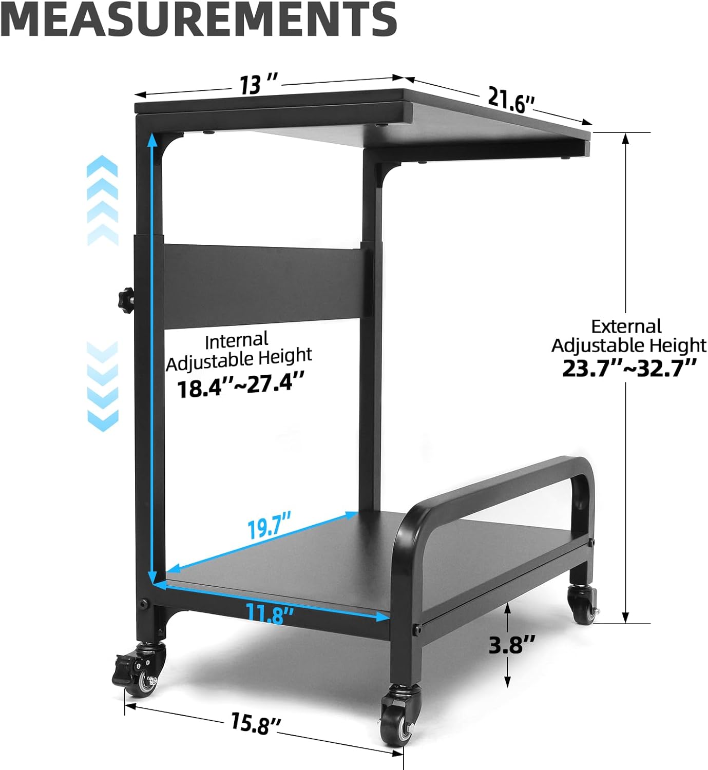 Height Adjustable Computer Tower Stand, Compact Printer Stand, 2 Tier for ATX Case, Extra Large CPU Floor Stand PC Tower Stand CPU Holder Cart with Guard Rail 32.7" X 21.6" X 15.8", Blue