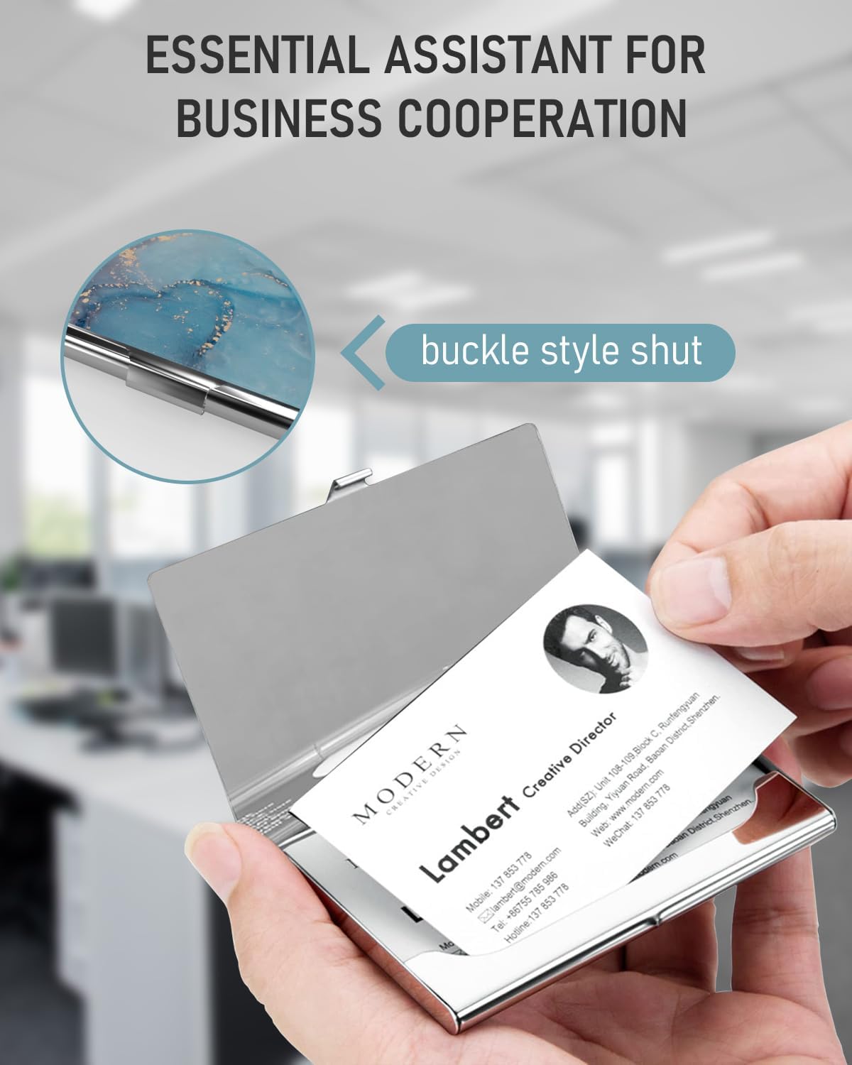 Business Card Metal Slim Organizer, Professional Stainless Steel Square Pocket Wallet for Office Workers, Compact and Portable for Pockets (Blue Marble