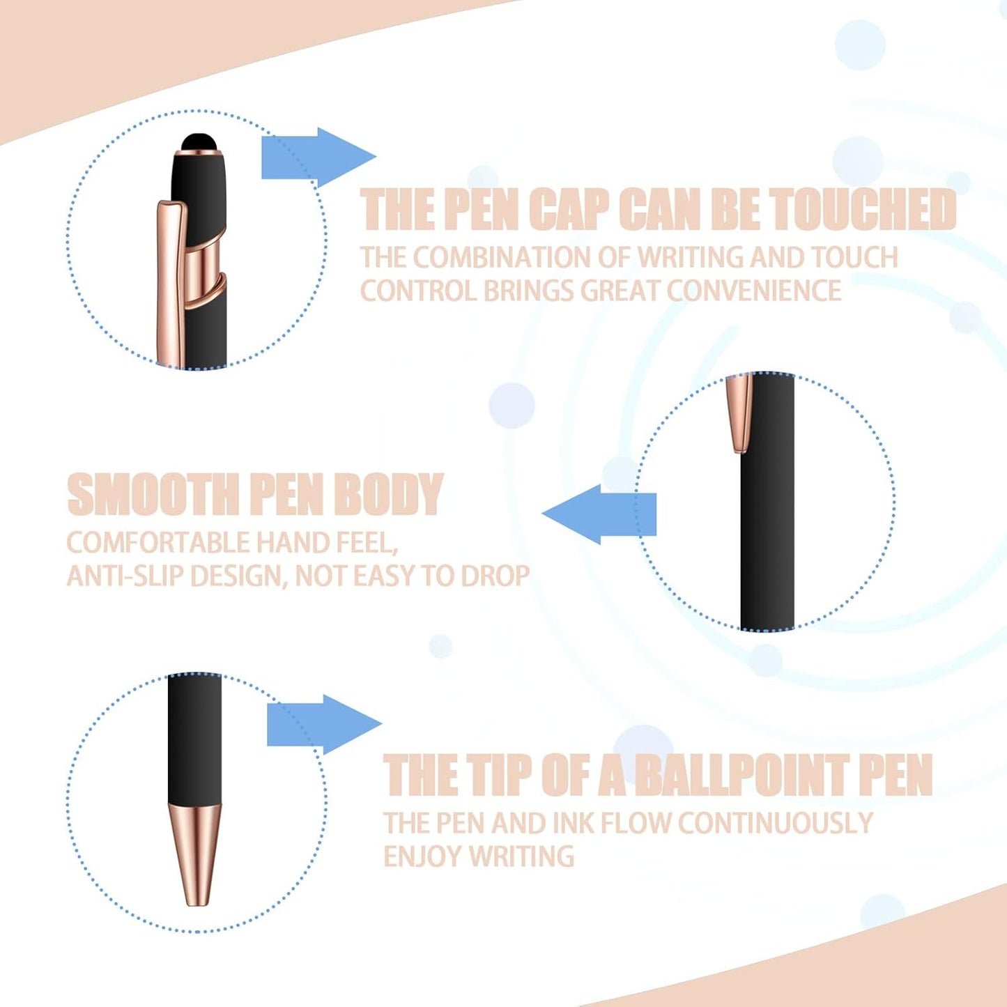 8 Pcs Blue Ink Ballpoint Pen with Stylus Tip 2 in 1 Stylus Ballpoint Pen Metal Pens Stylus Pen for Touch Screens School Office Coworkers (Black Rose Gold)