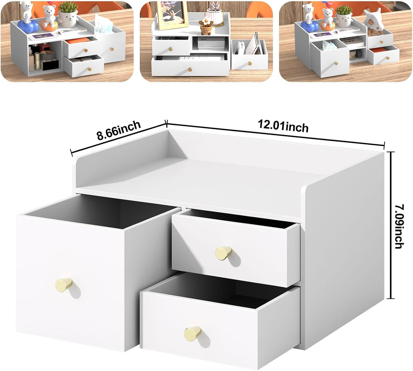 Bamboo Desk Organizer with Drawers Wooden Desktop Storage Organization Box for Bills Office Supplies Kitchen Utensils Organizing Tool for Home Classroom Vanity, No Assembly Required (3 Drawer, White)