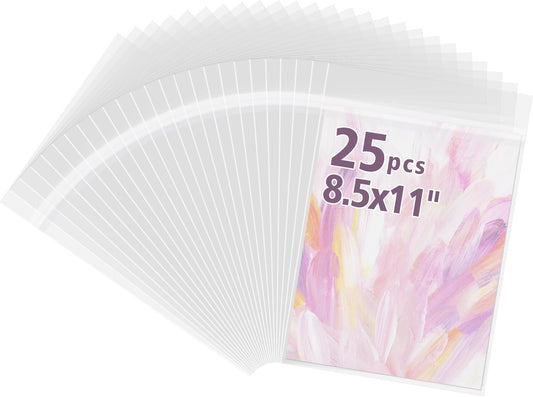 Frametory, 9 x 11 3/7 Inches Acid-Free Clear Plastic Bags, Self Seal Crystal Photo Sleeves for 8.5x11 Framing Mat Mattes, Art Prints, Pictures, Posters - 25 Pack