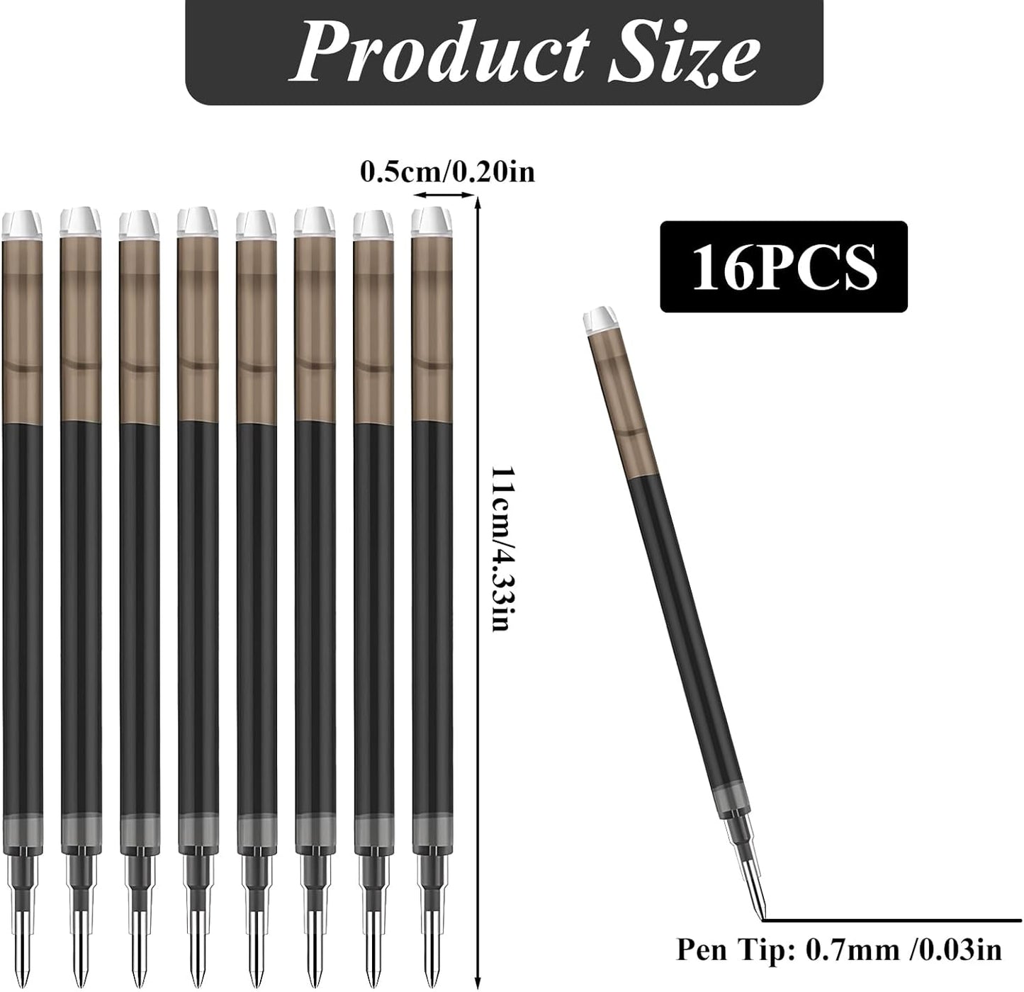 0.7 mm Erasable Gel Ink Pen Refills Compatible with Frixion Friction, Smooth Writing Multicolor Retractable Fine Point Pen Refill for School Office Home Art (Black, 16)