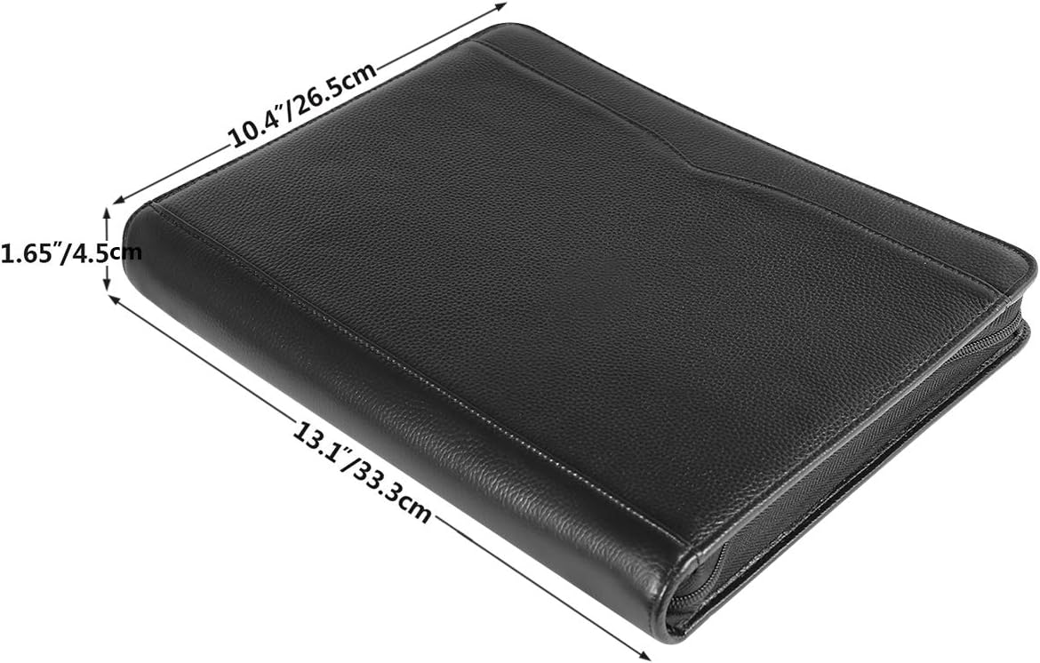 Professional Leather Business Padfolio Portfolio Case, 3 Ring Binder,Zippered Business Document Organizer Tablet Holder Folder Case,with Letter Size Notepad (black)