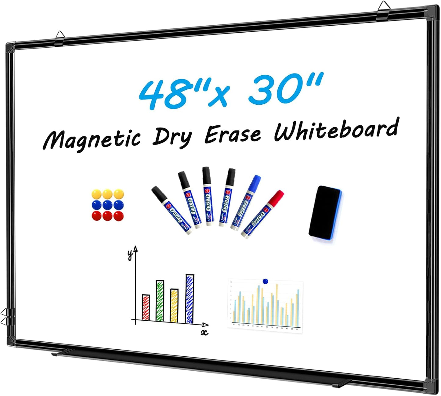 H-Qprobd 48"x30" Magnetic White Board Dry Erase Wall Mount Whiteboard - Office Home Classrooms White Board Hanging Writing Board with Black Aluminum Frame