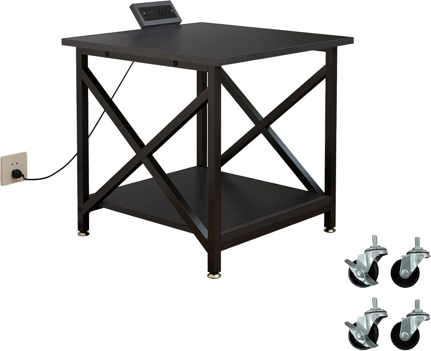 Large Printer Stand with Power Outlet, with Storage Shelf, 2 Tier Rolling Printer Cart with Industrial Wheels, 23.6 x 23.6 Inches Printer Table for Home Office,Black