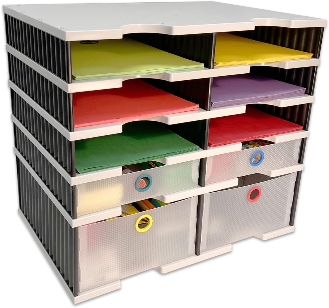 Desktop Organizer 8 Letter Tray Sorter Plus Riser Base, 2 Supply & 2 Storage Drawers - TierDrop Plus Keeps All of Your Documents & Supplies in Clear View & Within Arm's Reach Using Minimal Desk Space