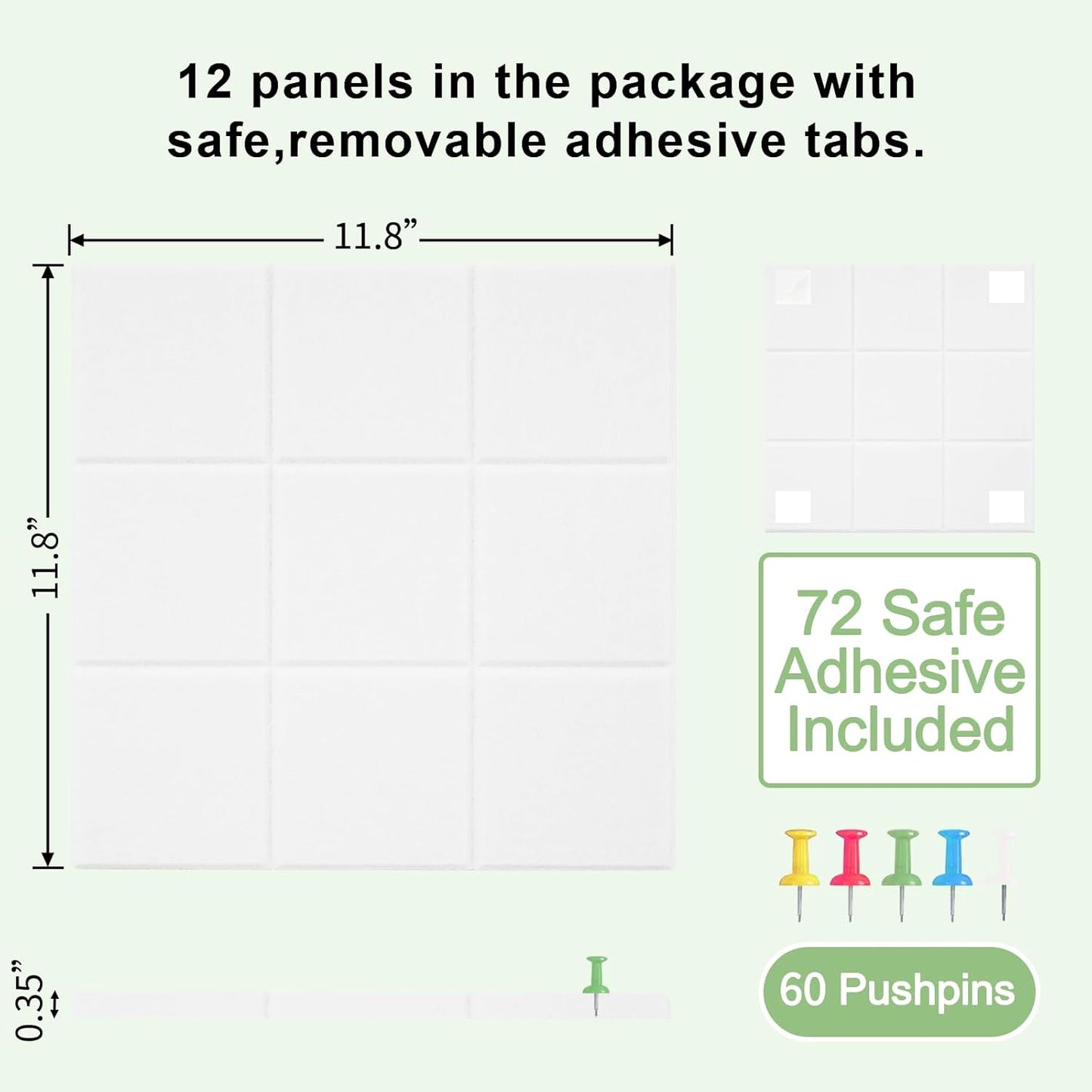 12 Pack Large Cork Board for Walls, 48" X 36" Felt Bulletin Board Tiles with 48 Safe Removable Adhesive Tabs & 60 Push Pin Board Decorative Cork Board Tack Board Wall Organizer for Office - White