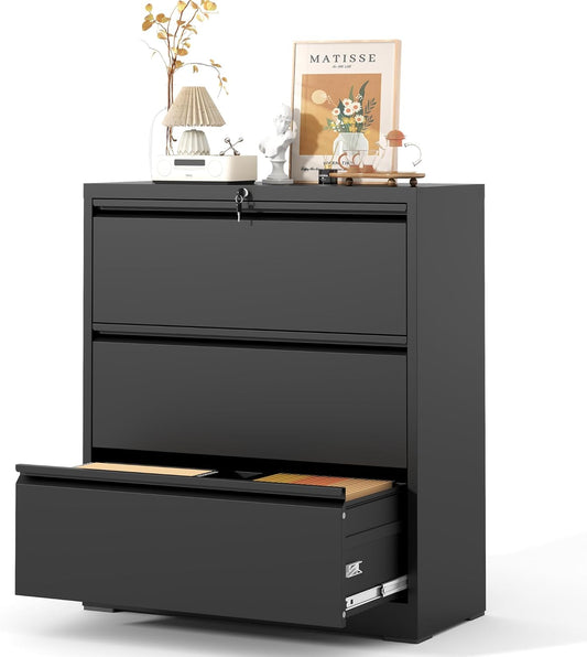 3 Drawer Lateral File Cabinet with Lock, Metal Lateral Filing Cabinet for Home Office, Steel Wide Horizontal Filing Cabinets for Letter/Legal/A4/F4 Hanging Files (Black)