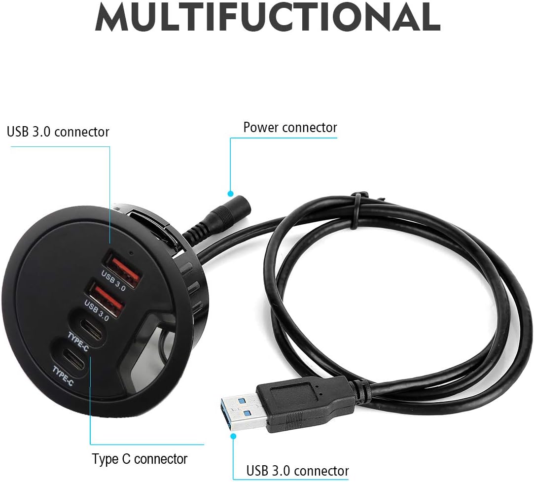 Grommet Desk-Fit USB 3.0 Hub (Diameter 2.36" or 60MM) 2 Port Type A&2 Port Type C,Compatible Charging and Data Transmission,