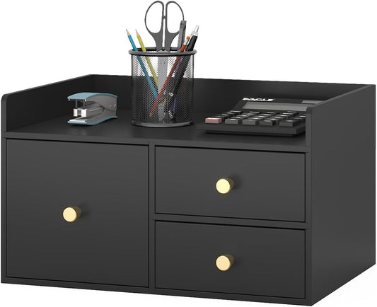 Bamboo Desk Organizer with Drawers Wooden Desktop Storage Organization Box for Bills Office Supplies Kitchen Utensils Organizing Tool for Home Classroom Vanity, No Assembly Required (3 Drawer, Black)