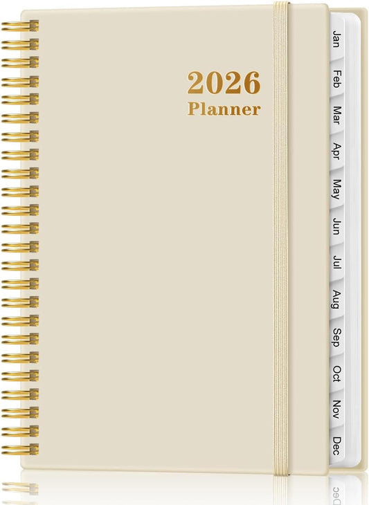 2026 Planner - Weekly and Monthly Calendar Planner from Jan 2026 - Dec 2026, Planner 2026 Spiral Bound with 12 Monthly Tabs, Inner Pocket, Perfect for School Office Supplies, 6.4" x 8.5", Beige