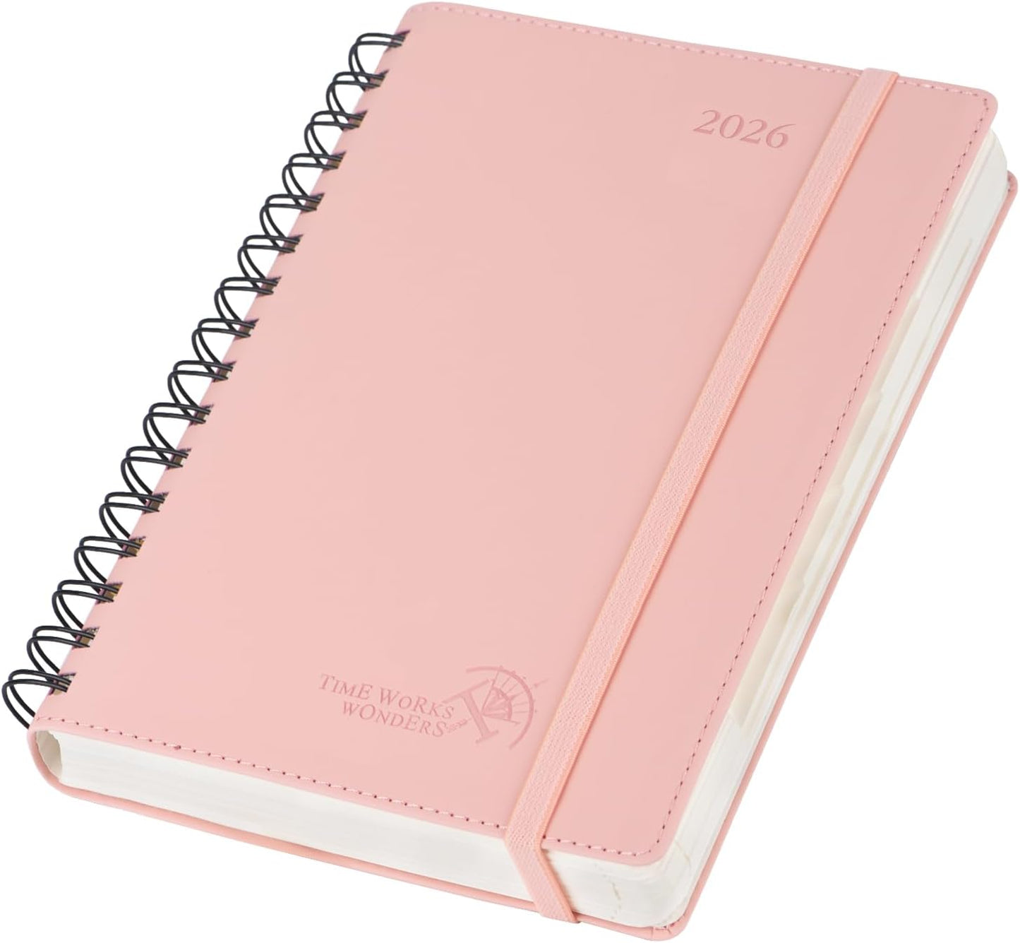 POPRUN 2026 Daily Planner One Page per Day (Medium 6'' x 8.5'') - 12 Months Calendar Appointment Book with Hourly Slots, Inner Pocket, Monthly Tabs, Pen Holder - Soft Pink