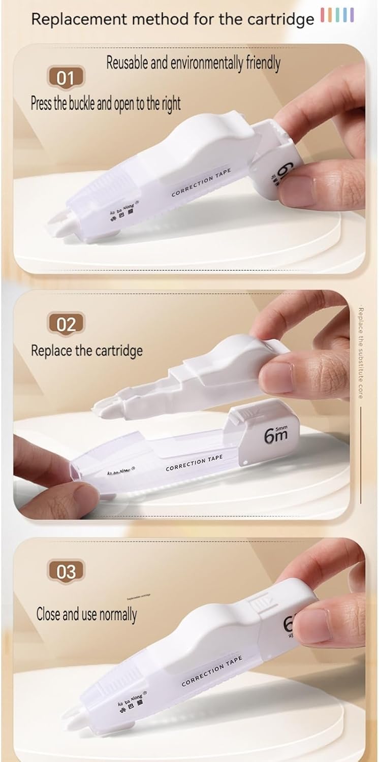 Refillable Quick-Dry White Correction Tape Set, 118ft(36m) Total, Pack of 6, Aesthetic Cute Pen-Shaped Applicator, School & Office Supplies(White)