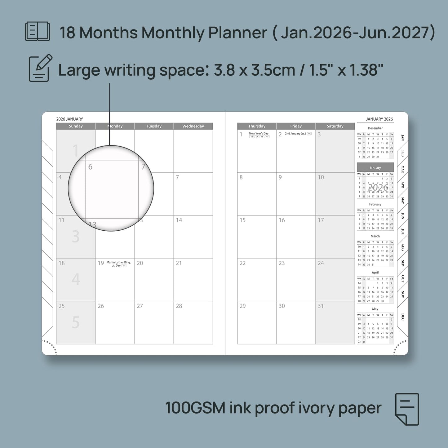 POPRUN Monthly Planner 2026-2027 (Medium- 6.5'' x 8.5'' Soft Cover), 18-Month Calendar Book (Jan.2026 - Jun. 2027), Calendar Planner with Monthly Tabs & Pocket, 100 GSM Paper - Pacific Green