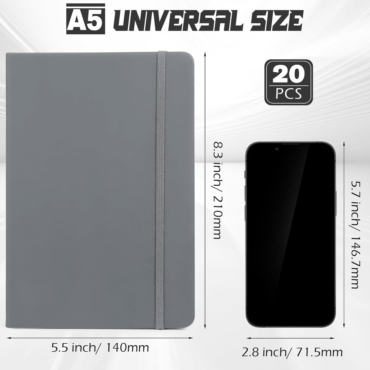 Honoson 20 Pack Lined Journal Notebooks A5 Hardcover Executive Notebook 5.5" x 8.3" PU Leather Wide Ruled Journals Bulk with Elastic Band for Home Business Office School Supplies(Gray)