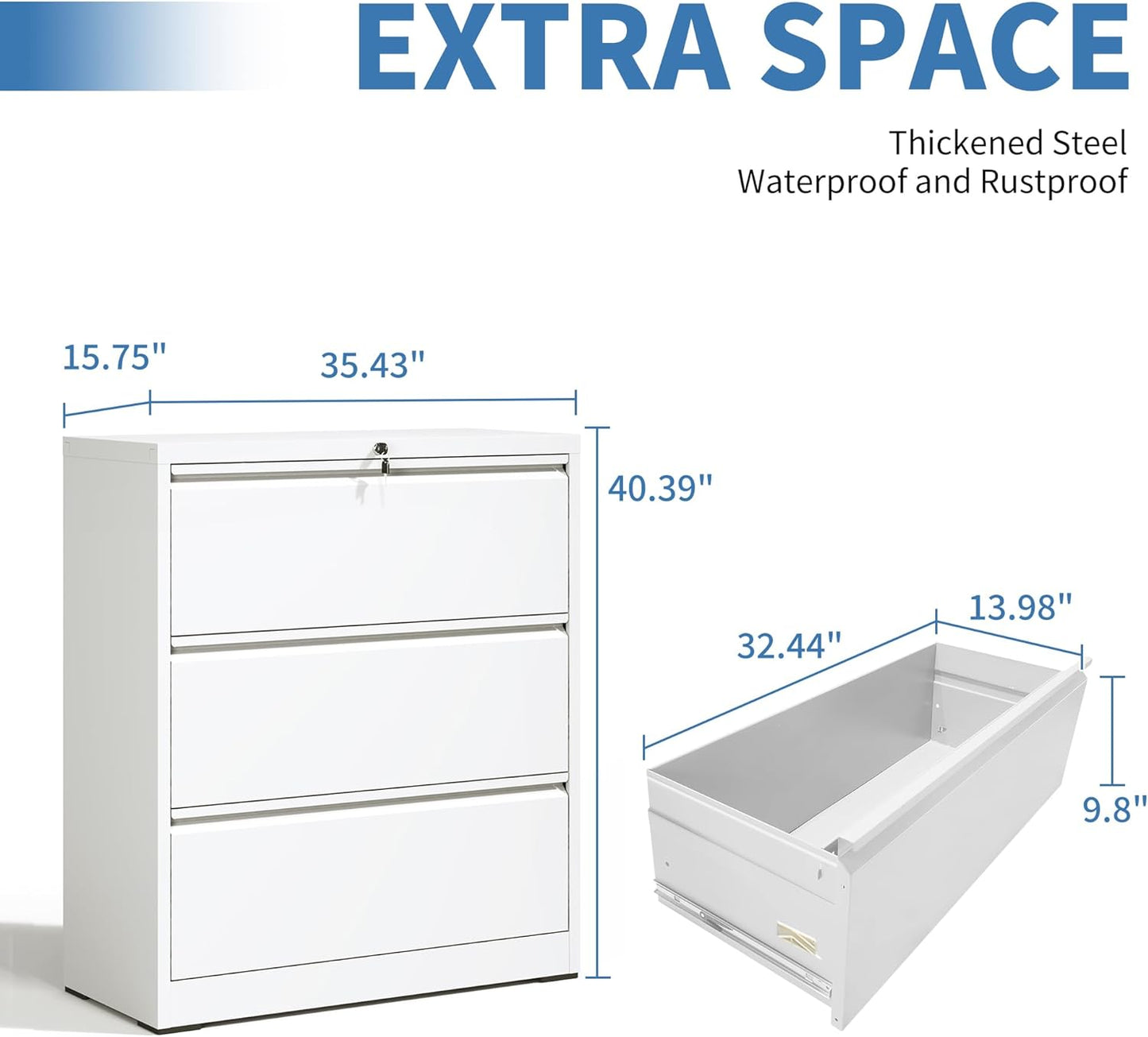 File Cabinets 3 Drawer,Metal Office Storage Filing Cabinet with Lock,White Lateral Filing Cabinet for Home Office,Horizontal Locking File Cabinets for Legal/Letter/A4,Assembly Require,White