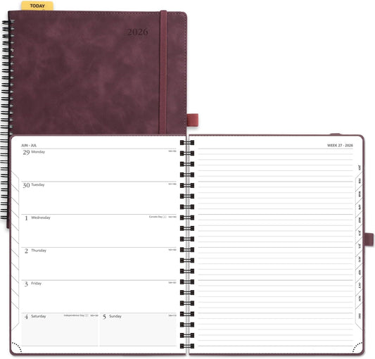 POPRUN 2026 Planner Weekly Notebook Calendar (Jan-Dec), Large Size 8.5'' x 10.5'' - Agenda 2026 Appointment Book with Monthly Tabs, Inner Pocket, Spiral Soft Cover, 100 GSM - Claret
