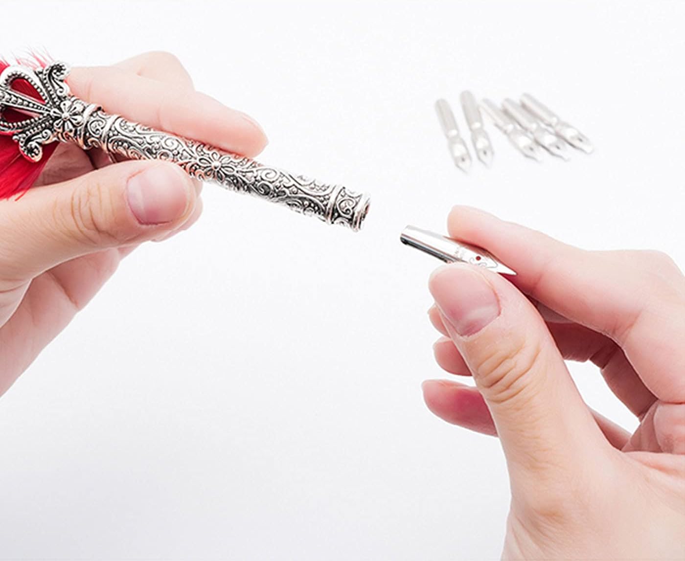 Gullor Feather Quill Pen and 5 Calligraphy Nibs for Beginners, Creamy White