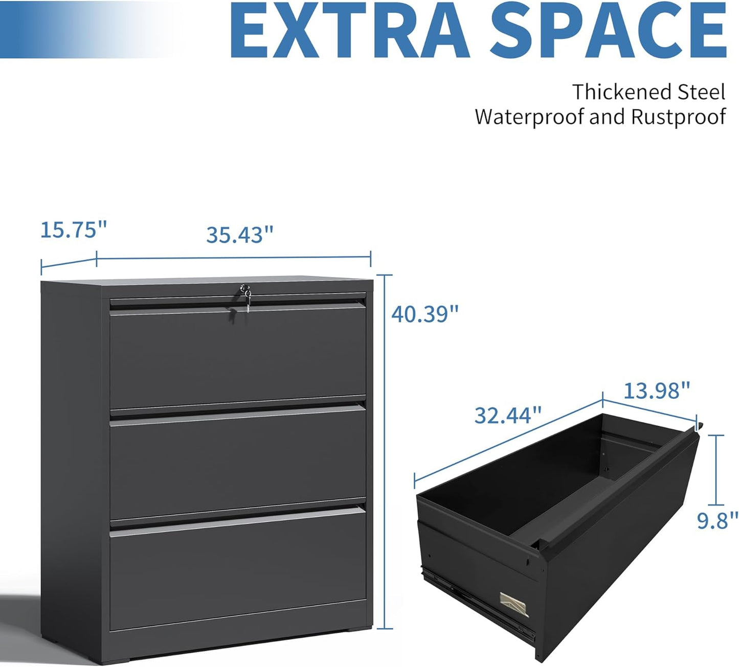 File Cabinets 3 Drawer,Metal Office Storage Filing Cabinet with Lock,Black Lateral Filing Cabinet for Home Office,Horizontal Locking File Cabinets for Legal/Letter/A4,Assembly Require,Black